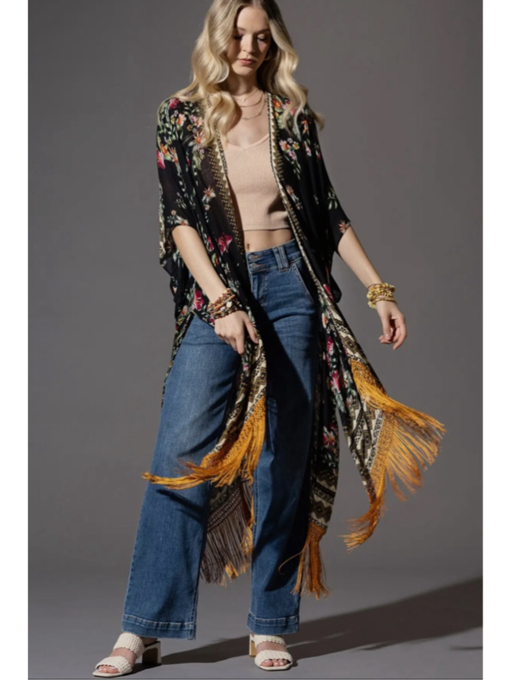 Women's Ruggine Black Floral Ethnic Tassel Kimono - Picture 5 of 8